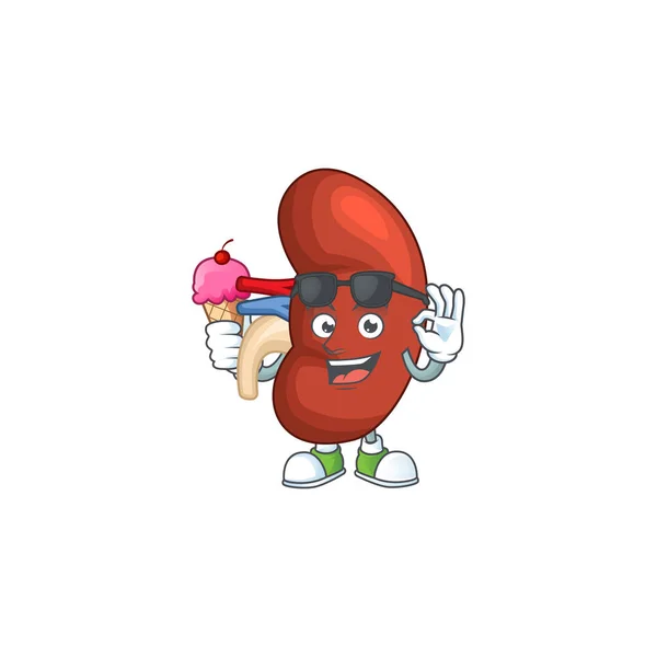 Lindo Derecho Personaje Dibujos Animados Riñón Humano Disfrutando Helado Ilustración — Vector de stock