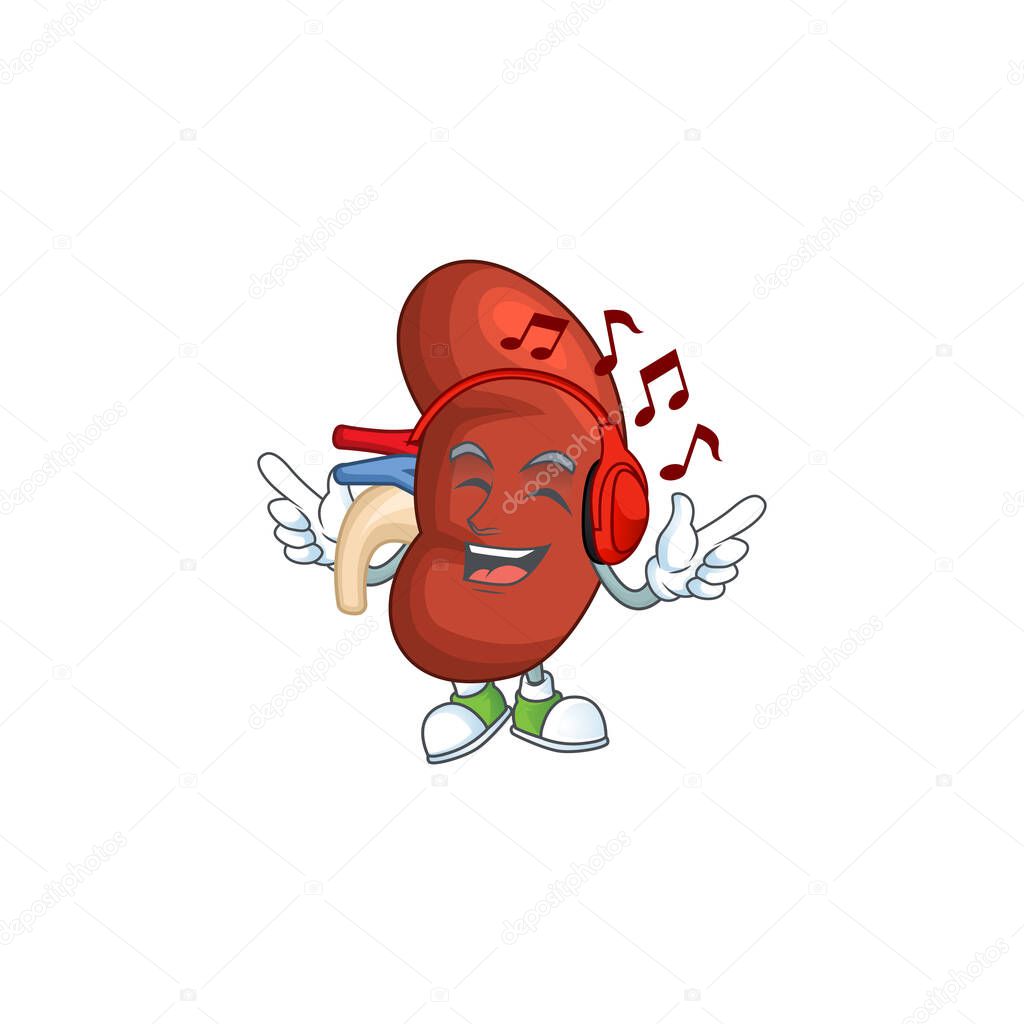 Cartoon mascot design right human kidney enjoying music with headset. Vector illustration