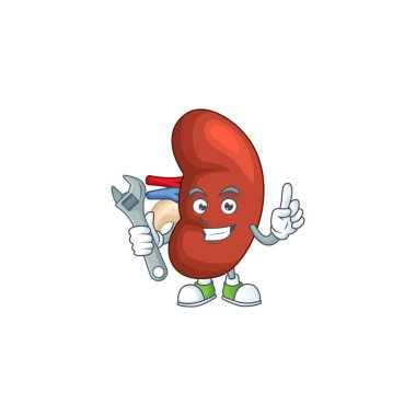 İnsan böbrek maskotu bir tamirci bozuk bir makineyi tamir etti. Vektör illüstrasyonu