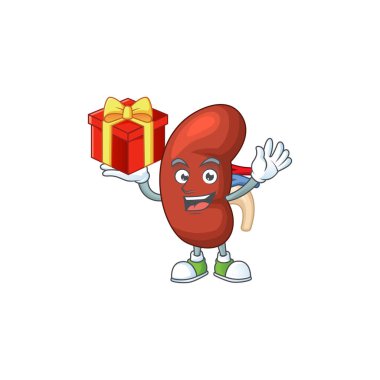 Charming leaf human kidney mascot design has a red box of gift clipart