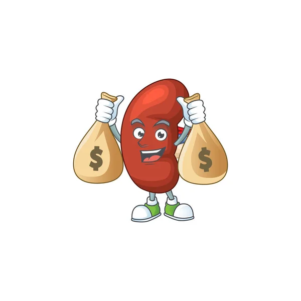 Glückselige reiche Blatt menschliche Niere Cartoon-Figur mit Geldsäcken — Stockvektor