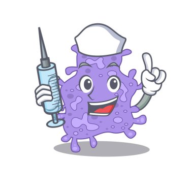 Staphylococcus aureus maskot tasarımının şırıngalı güzel bir hemşiresi. Vektör illüstrasyonu