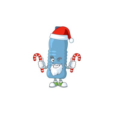Mineral şişesi mütevazı Santa Cartoon karakteri şeker yiyor. Vektör illüstrasyonu