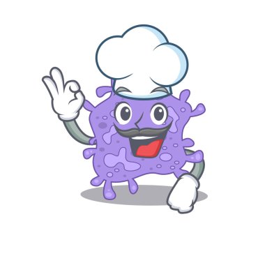 Staphylococcus aureus şef karikatür tasarımı tarzı beyaz şapka takıyor. Vektör illüstrasyonu