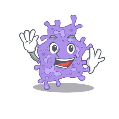 Gülümseyen ve el sallayan karizmatik staphylococcus aureus maskot tasarımı. Vektör illüstrasyonu