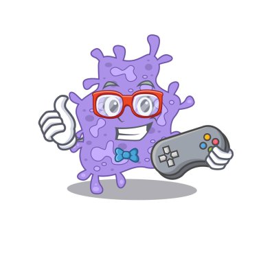 Maskot tasarımı konsepti staphylococcus aureus oyuncusunun kontrolör kullanması. Vektör illüstrasyonu