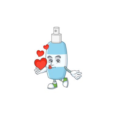 Kalbi tutan sprey el dezenfektanının harika bir çizgi film tasarımı. Vektör illüstrasyonu