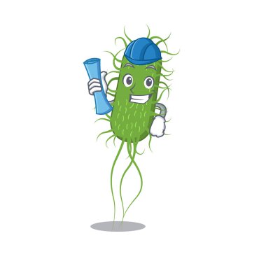 E.coli bakterisinin çizgi film karakteri. Mavi baskılı ve mavi kasklı zeki mimar. Vektör illüstrasyonu