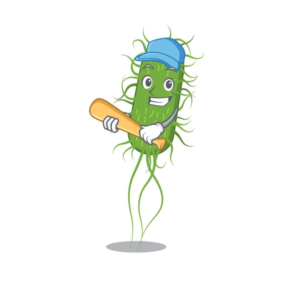 Foto de e.coli bacteria personaje de dibujos animados jugando béisbol — Vector de stock