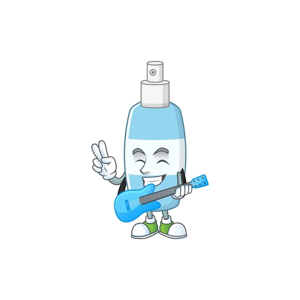 Happy face of spray hand sanitizer cartoon plays music with a guitar. Vector illustration