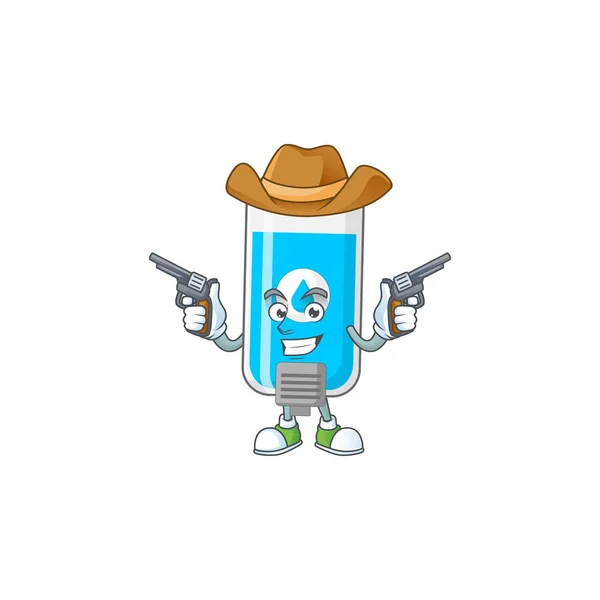 Cowboy Cartoon Character Wall Hand Sanitizer Holding Guns Vector Illustration — Stock Vector