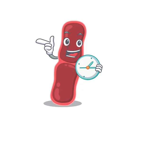 Concepto de diseño de la mascota de bacterias Bacillus sonriendo con reloj — Vector de stock