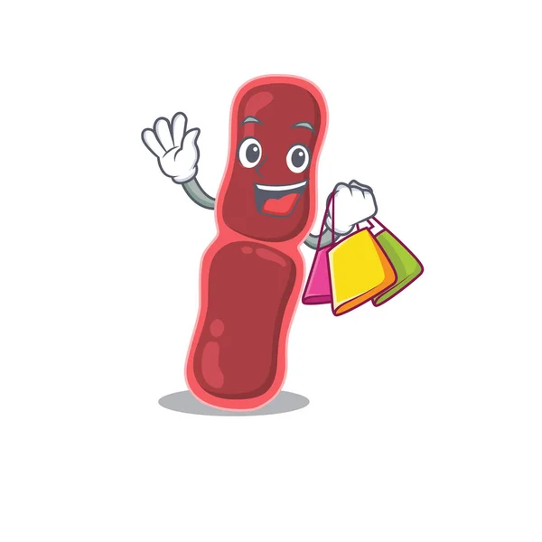 Rico y famoso personaje de dibujos animados Bacillus bacterias sosteniendo bolsas de compras — Vector de stock