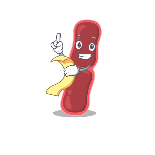 Bacillus bacteriën mascotte karakter ontwerp met een menu op zijn hand — Stockvector