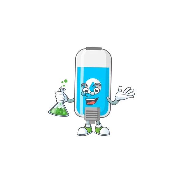 Wall Hand Sanitizer Genius Professor Cartoon Character Holding Glass Tube — Stock Vector