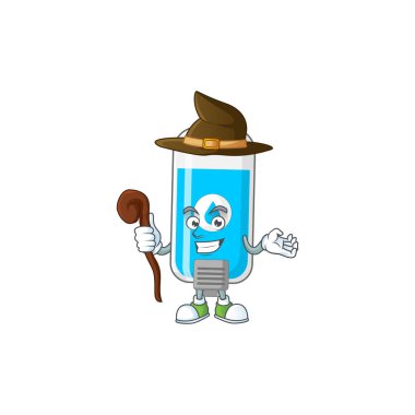 Şirin ve sinsi Cadı Duvarı el dezenfektanı çizgi film tasarımı tarzı. Vektör illüstrasyonu