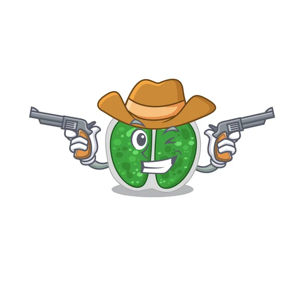 Cute handsome cowboy of chroococcales bacteria cartoon character with guns — Stock Vector