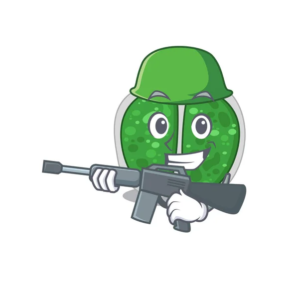A cartoon picture of chroococcales bacteria in Army style with machine gun — Stock Vector