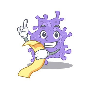 Staphylococcus aureus maskot tasarımı ve elinde menü var.
