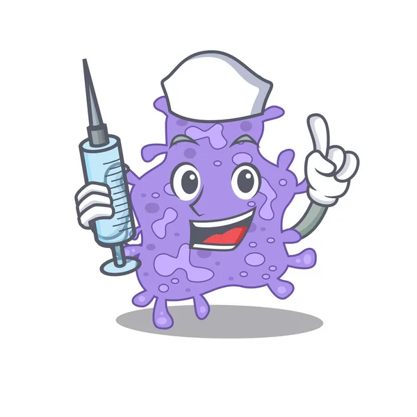 Uma bela enfermeira do conceito de design mascote staphylococcus aureus com uma seringa — Vetor de Stock