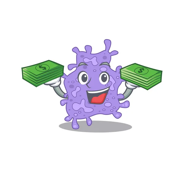 Un rico personaje de dibujos animados de Staphylococcus aureus que tiene dinero en las manos — Vector de stock