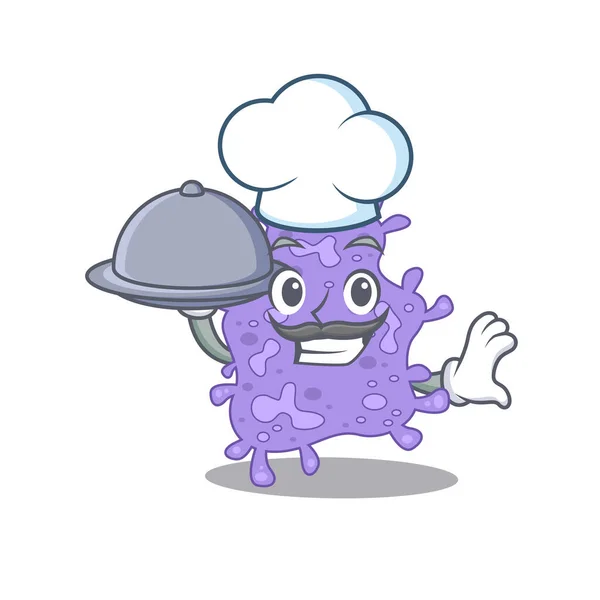 Staphylococcus aureus chef personagem de desenho animado servindo comida na bandeja — Vetor de Stock