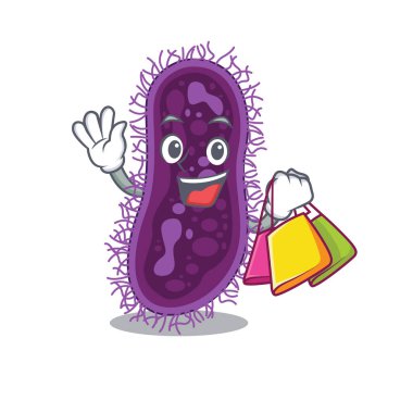 Zengin ve ünlü laktobacillus rhamnosus bakteri çizgi film karakteri alışveriş torbaları tutuyor.