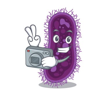 Lactobacillus rhamnosus bakteri maskotu tasarımı profesyonel bir fotoğrafçı olarak kamerayla çalışıyor.