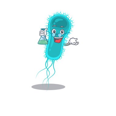 Escherichia coli bakterisi akıllı Profesör Çizgi film tasarım stili cam tüple çalışıyor