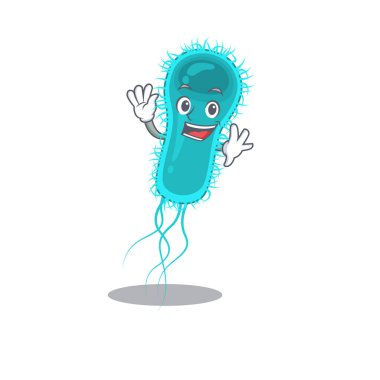 Karizmatik bir escherichia coli bakteri maskotu tasarımı gülümseme ve el sallama