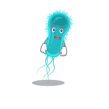 Escherichia coli bakterisinin karikatür tasarımı endişeli bir yüz ifadesi gösteriyor.