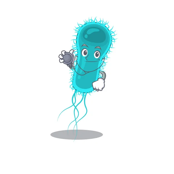 Escherichia coli bacterias en el personaje de dibujos animados médico con herramientas — Vector de stock