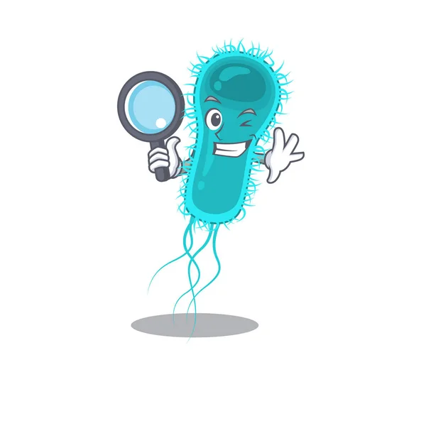 Smart Detective de escherichia coli estilo de diseño de la mascota de bacterias con herramientas — Vector de stock