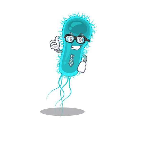 Un elegante escherichia coli bacterias Businessman mascota de diseño con gafas y corbata — Vector de stock