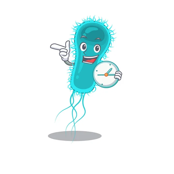 Concepto de diseño de la mascota de bacterias Escherichia coli sonriendo con reloj — Vector de stock