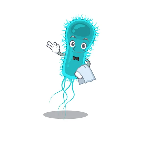 Un personaje de dibujos animados de escherichia coli camarero bacterias que trabajan en el restaurante — Vector de stock