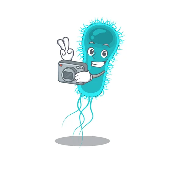 Escherichia coli diseño de la mascota bacterias como fotógrafo profesional que trabaja con la cámara — Vector de stock