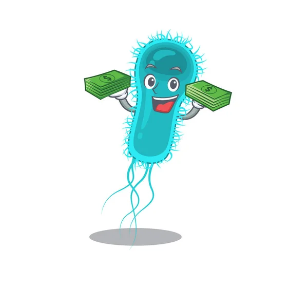 Un rico personaje de dibujos animados de bacterias escherichia coli que tiene dinero en las manos — Vector de stock