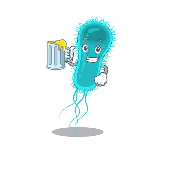 Ein Cartoon-Konzept von Escherichia-coli-Bakterien steigt auf ein Glas Bier — Stockvektor