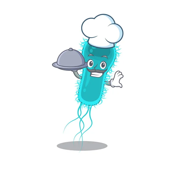 Escherichia coli bacteria chef personaje de dibujos animados que sirve comida en bandeja — Vector de stock
