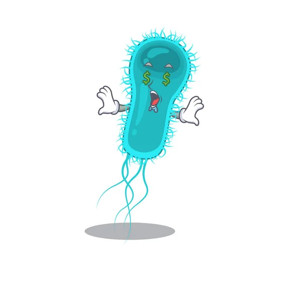 Rico diseño de personajes de dibujos animados de bacterias escherichia coli con ojos de dinero — Vector de stock