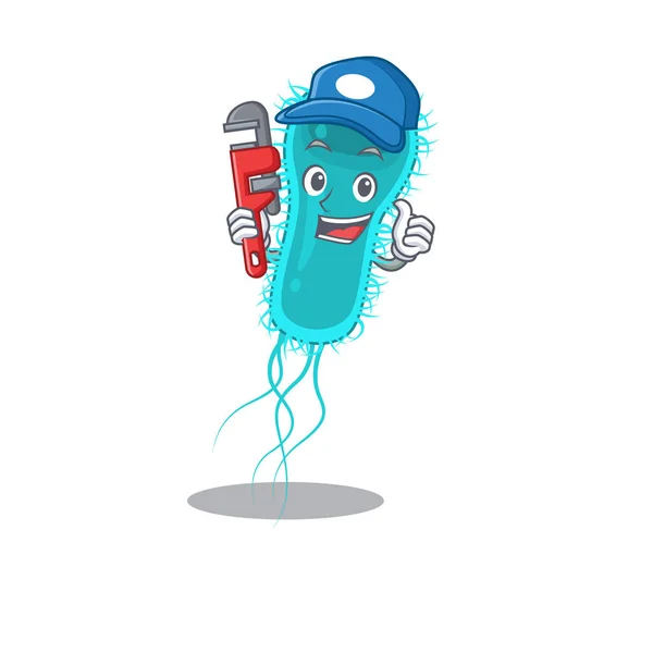 Escherichia coli bacterias Smart Plumber diseño de personajes de dibujos animados con herramienta — Vector de stock