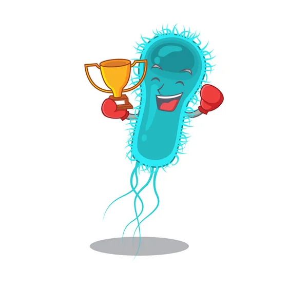 Un elegante ganador de boxeo de escherichia coli bacteria mascota estilo de diseño — Vector de stock