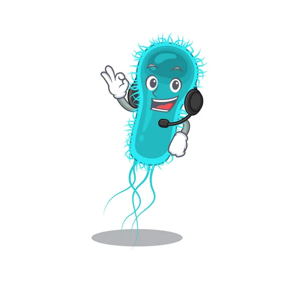 Un hermoso escherichia coli bacteria mascota carácter concepto usando auriculares — Vector de stock