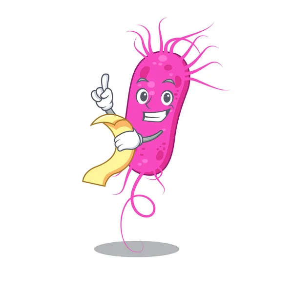Pseudomoa bacteria mascota carácter diseño con un menú en su mano — Vector de stock