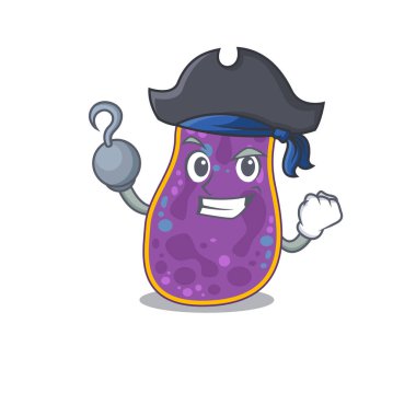 Shigella sp. Kanca elli ve şapkalı bir korsan olarak bakteri çizgi film tasarımı. Vektör illüstrasyonu