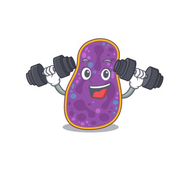 Gülümseyen fitness egzersizinin maskot tasarımı. Bakteriler dambılları kaldırır. Vektör illüstrasyonu