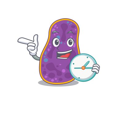 Shigella sp. Saat ile gülümseyen bakteri maskotu tasarımı konsepti. Vektör illüstrasyonu