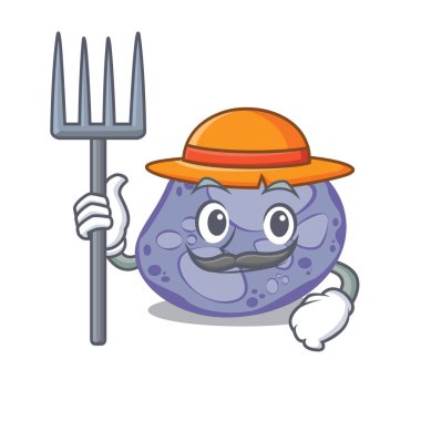 Şapkası ve yabası olan bir çiftçi olarak mavi planctomycetes çizgi film karakteri tasarımı