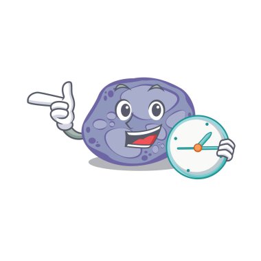 Mavi planctomycetes saat ile gülümseyen maskot tasarımı konsepti